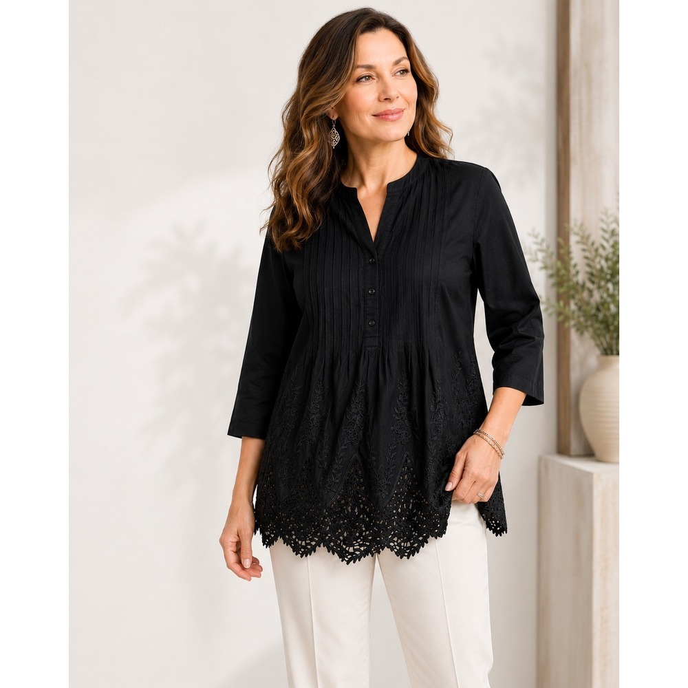 Chico's Black Pintuck Lace Hem Tunic Blouse Size 2.5 Large